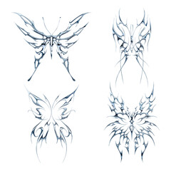 Set 3d chrome metal effect neo tribal y2k gothic style tattoo. Cyber sigilism butterfly design icon.