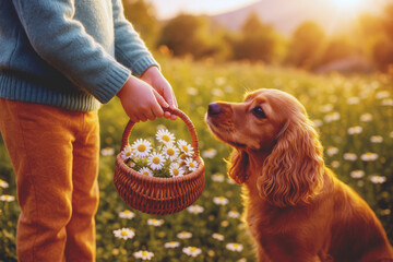 Child Holding a Daisy Flower Basket During Golden Hour in Meadow