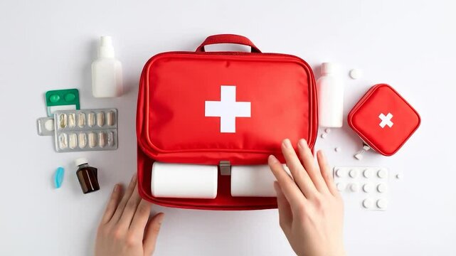 Overhead shot Red first-aid kit with white cross, bottles, pills, and hands on a white surface