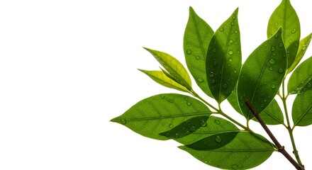 Fresh green leaves with water droplets on a branch against a white background