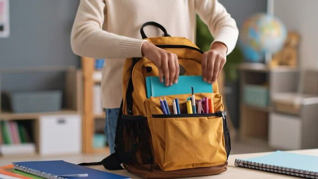 Packing for school person putting blue book into an orange backpack