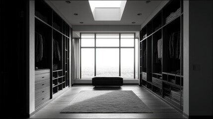 Monochromatic Modern Walk-In Closet with Natural Light and Minimalist Design