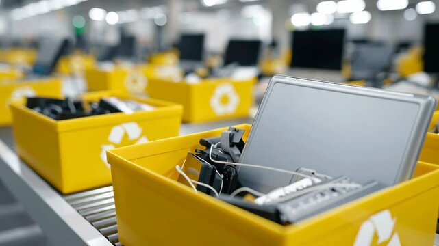 E waste management. Electronic waste recycling with laptops gadgets yellow bin conveyor belt filled with electronic devices including tablets cables recycling facility