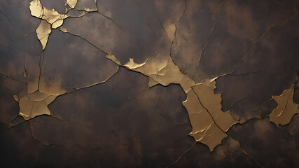 Elegant Dark Wall with Cracked Gold Leaf Texture. Vintage Grunge Abstract Background