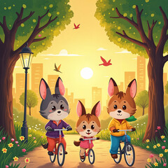 Fototapeta premium Cartoon Rabbits on Bikes in Blooming Park