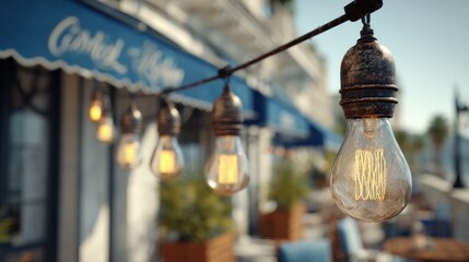 String of warm vintage lights hanging above an outdoor dining setting