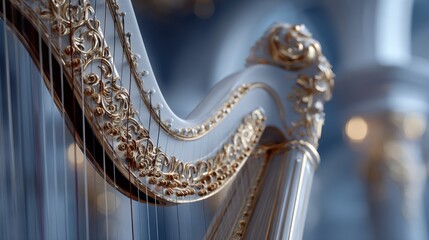 Close-up Detailed Elegance: Ornate White and Gold Harp in Soft Lighting