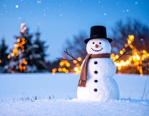 Obraz premium Snowy snowman at dusk