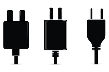 set of electric plug silhouette  in black, featuring various connector shapes on white background
