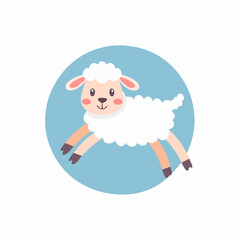 Playful Cartoon Lamb Leaping Joyfully Within a Blue Circle.