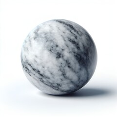 A smooth marble sphere with intricate grey and white veining sits on a white surface calmly