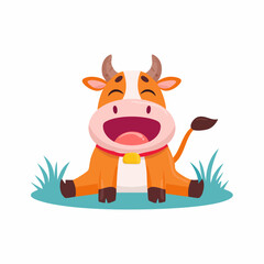 Fototapeta premium Cheerful Cartoon Cow with Open Mouth and Golden Bell, Smiling.