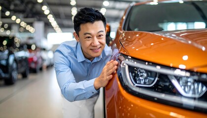 Man examining orange car
