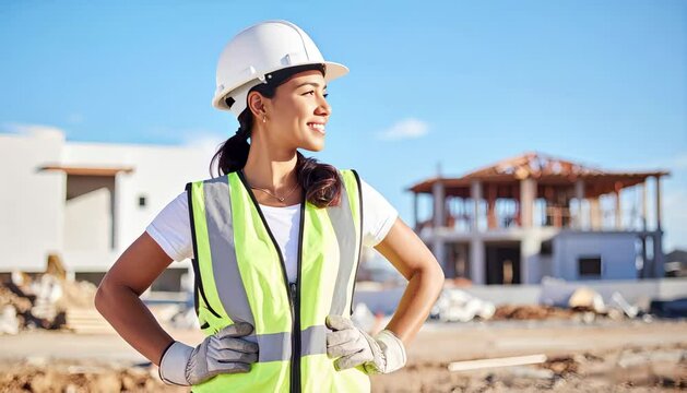 Mujer ingeniera sonriente en obra en construcci&oacute;n al aire libre, con casco de seguridad blanco y chaleco reflectivo, cielo azul despejado y estructuras met&aacute;licas de fondo