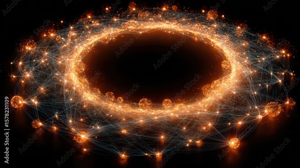 Sticker glowing circular network of light particles on dark background