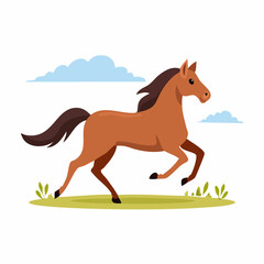 Animated Brown Horse Galloping Across Green Meadow with Clouds