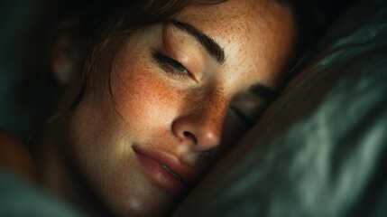 Dreamy close-up portrait of a peaceful freckled woman slumbering in bed