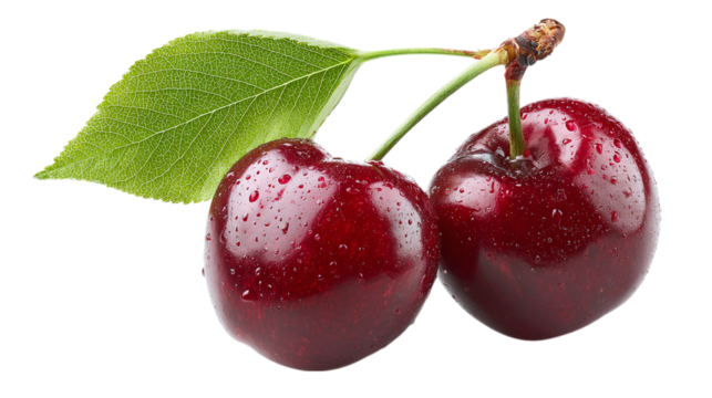 Two fresh cherries with attached stem and green leaf, isolated on tranparent background 