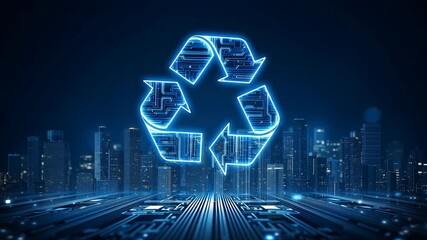 E waste management. Recycling technology circuit digital futuristic cityscape glowing with innovation and sustainability for eco friendly environment and electronic - Powered by Adobe