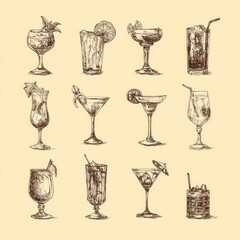 Hand-Drawn Sketch Style Cocktail Illustration with Various Refreshing Drinks