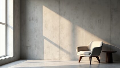Minimalist interior with armchair concrete wall and sunlight