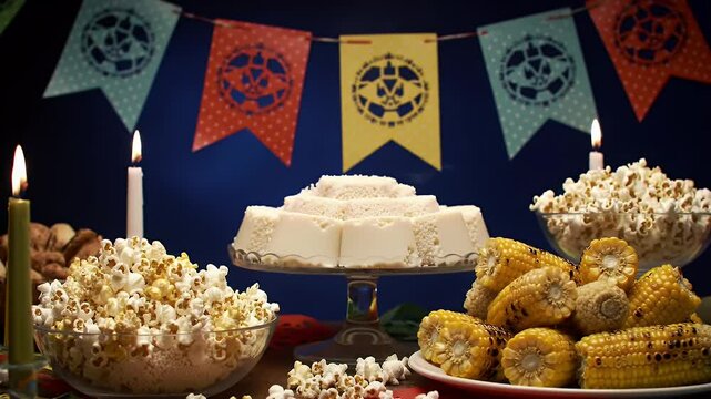 Festive Celebration Scene Featuring Colorful Banners and Corn on the Cob with Popcorn and Candles