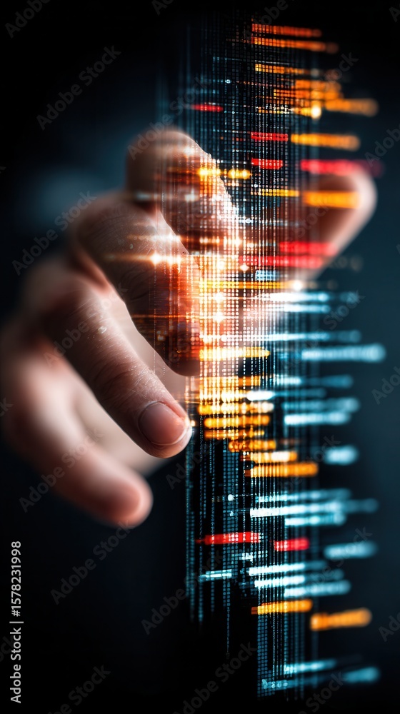 Wall mural futuristic hand touching digital data interface with glowing elements