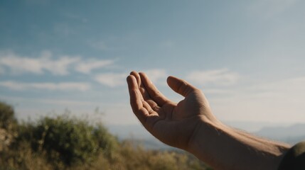 Human hand reaching out to the clear sky, symbolizing aspiration and hope