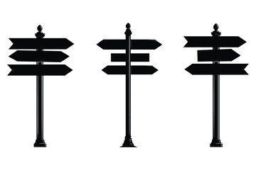 variety of signpost silhouettes with multiple direction arrows, ideal for travel and navigation concepts