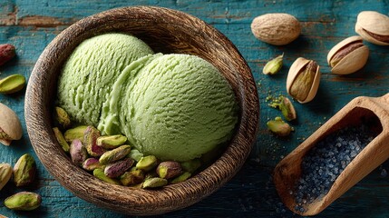 Fototapeta premium Two scoops of green pistachio ice cream in rustic wooden bowl with pistachios and salt on blue wooden surface