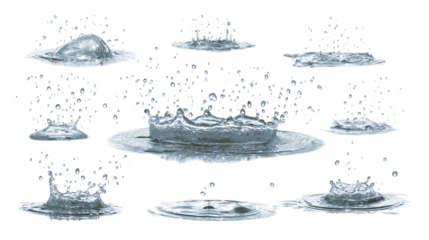 Water droplets and splash effects simulating rain or wet surfaces, isolated on tranparent background 