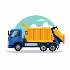 Naklejka premium Colorful Garbage Truck Illustration with Sky and Cloud Background
