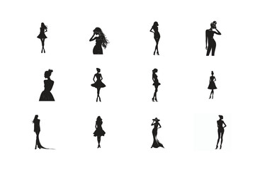 Naklejka premium Vector silhouettes of women and people in various poses including dance fitness and family activities