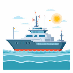 Fototapeta premium Modern Yacht Sailing on the Ocean with Bright Sun and Clouds.