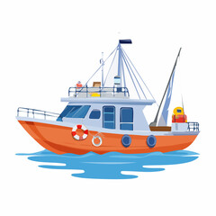 Naklejka premium Cartoon Fishing Boat Floating on Water with Life Preservers and Details