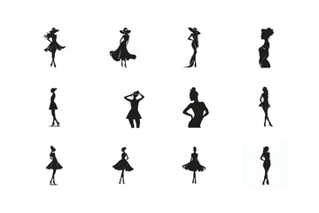 Naklejka premium Silhouettes of women and girls in various poses and activities vector illustration set