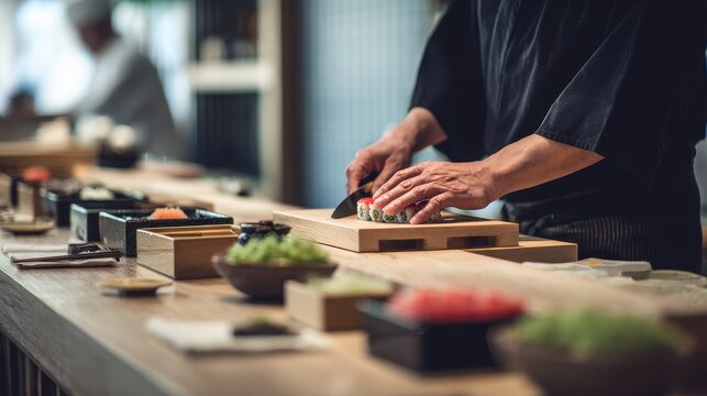Sushi chef preparing rolls at a restaurant. - Powered by Adobe