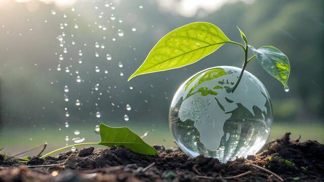 Eco friendly earth day concept with globe and plant growing in soil and water drops environment protection