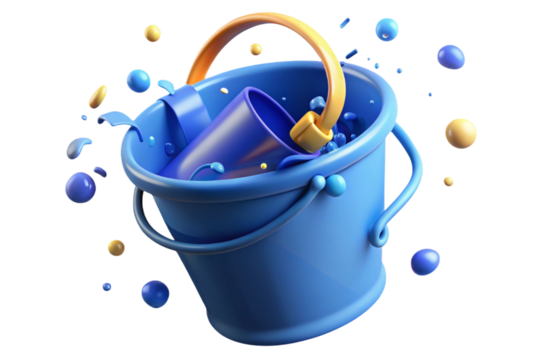 Blue bucket with yellow handle and blue liquid splashes isolated on transparent background
