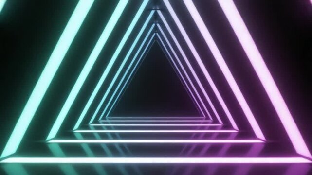 Glowing neon triangle lights with purple and blue hues on black background