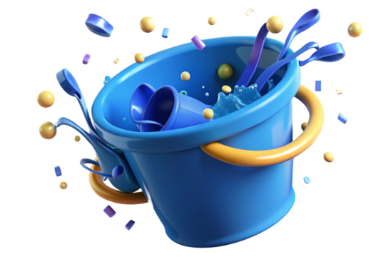 Blue bucket with yellow handle and splashing water isolated on transparent background