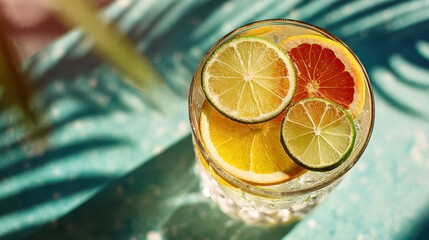Refreshing citrus fruit cocktail with lemon lime and orange slices in a glass on tropical poolside background