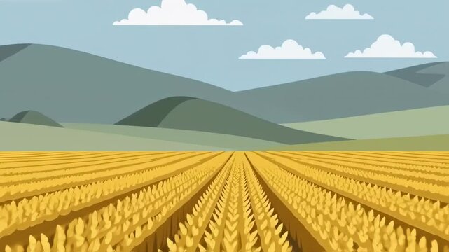 Golden Wheat Field, Peaceful Mountain View, Animated Landscape