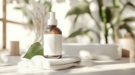 skincare bottle mockup, blank label with softly blurred spa setting background