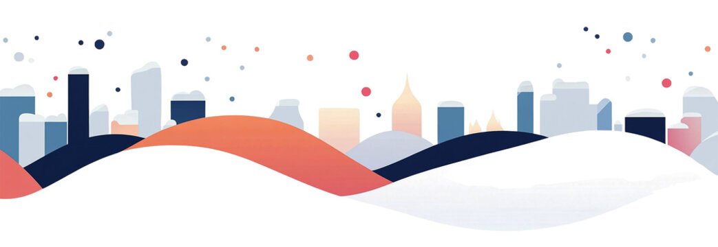 A stylized winter cityscape with rolling snowdrifts and colorful dots isolated on transparent background