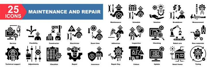 Maintenance And Repair icon collection set.Maintenance,Schedule,Solution,Breakdown,Measurement,Service,Flexibility.Flat icon collection.