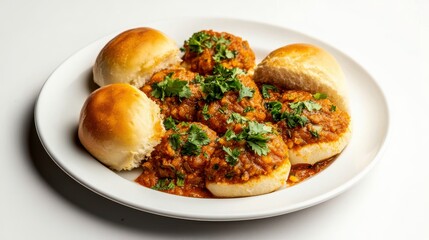 Savory Pav Bhaji Delights: A vibrant photograph of Pav Bhaji, a beloved Indian street food delicacy. Showcasing the flavorful blend of mashed vegetables, served alongside soft, golden pav bread rolls