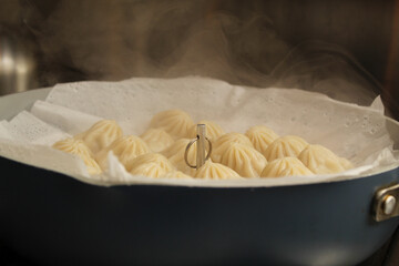 Fresh hot steamed dumplings cooked at home