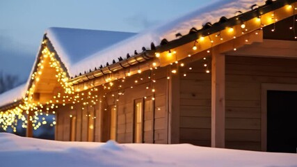 Snow-covered cabin roof strung with glowing fairy lights at dusk - Powered by Adobe