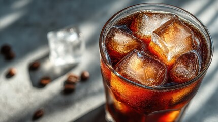 Refreshing cold cola beverage with ice cubes in a glass, dark carbonated soda drink with condensation